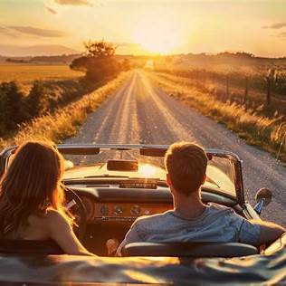 Happy couple driving outdoors